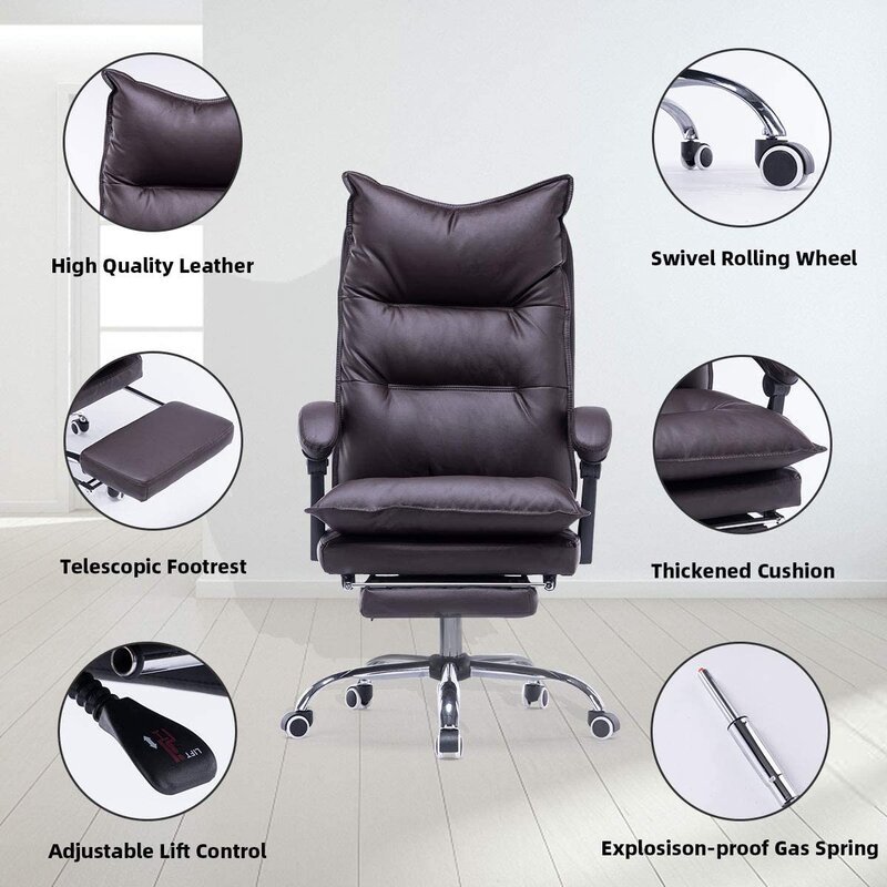 Chaise de travail ergonomique en cuir véritable à dossier haut (2)